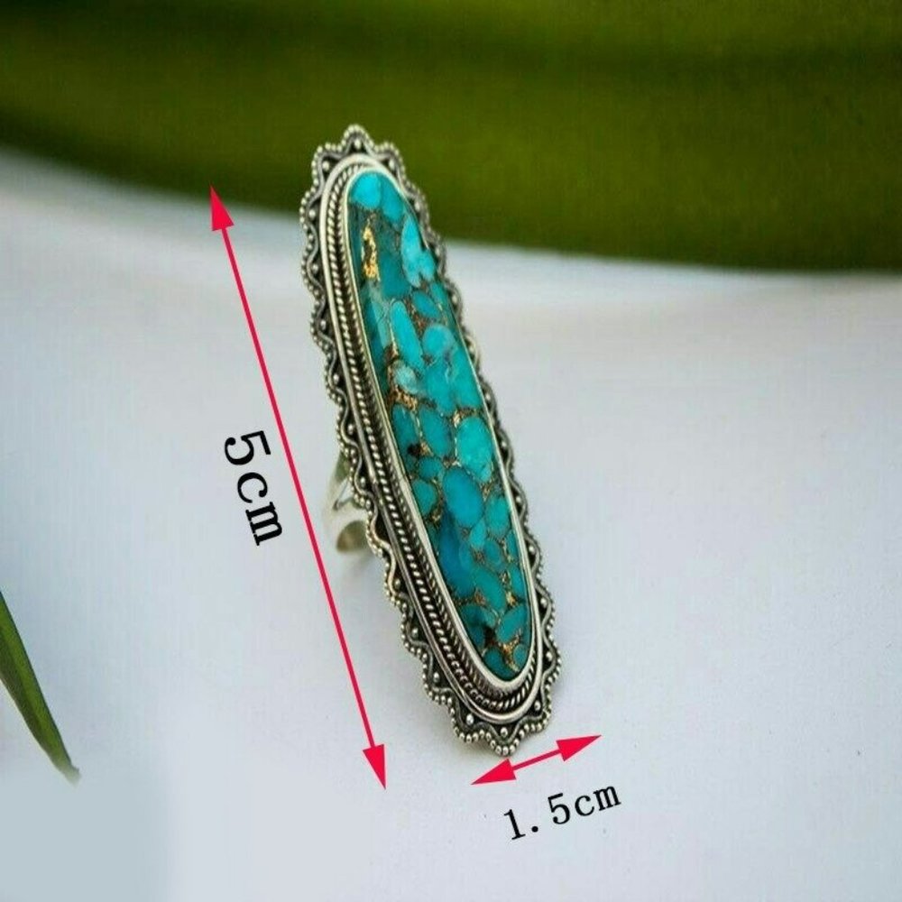 Long Vintage Blue Turquoise Antique Silver Ring - Picture 9 of 9